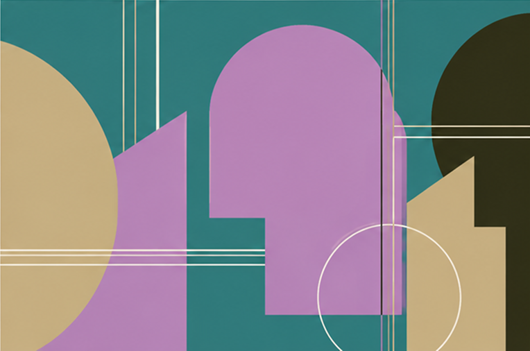 Abstract geometric shapes in purple, beige, and black on a teal background with white lines intersecting.