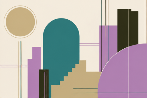 Abstract geometric shapes in beige, teal, purple, and black with thin intersecting lines on a light background.