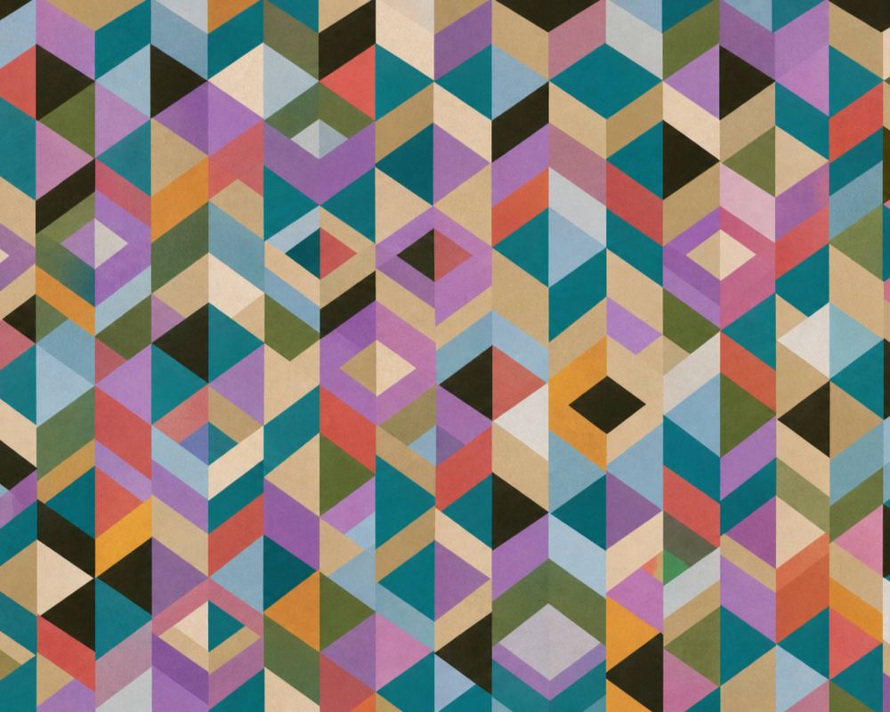 Colorful geometric pattern with overlapping diamonds, hexagons, and triangles in purple, teal, orange, and beige tones.