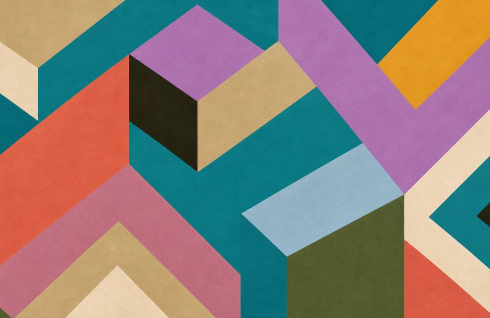 Colorful geometric shapes and patterns, including chevrons and cubes, in teal, red, purple, yellow, beige, and green.
